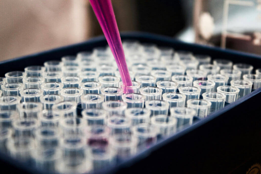 A close-up of a pipette dispensing a pink liquid into a tray filled with small, transparent test tubes.